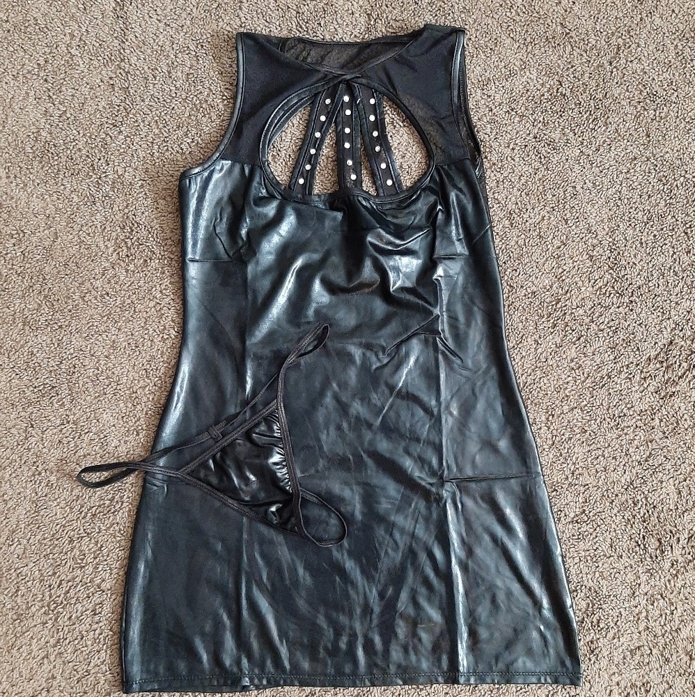 Faux Leather Mini Dress with Thing Sz S